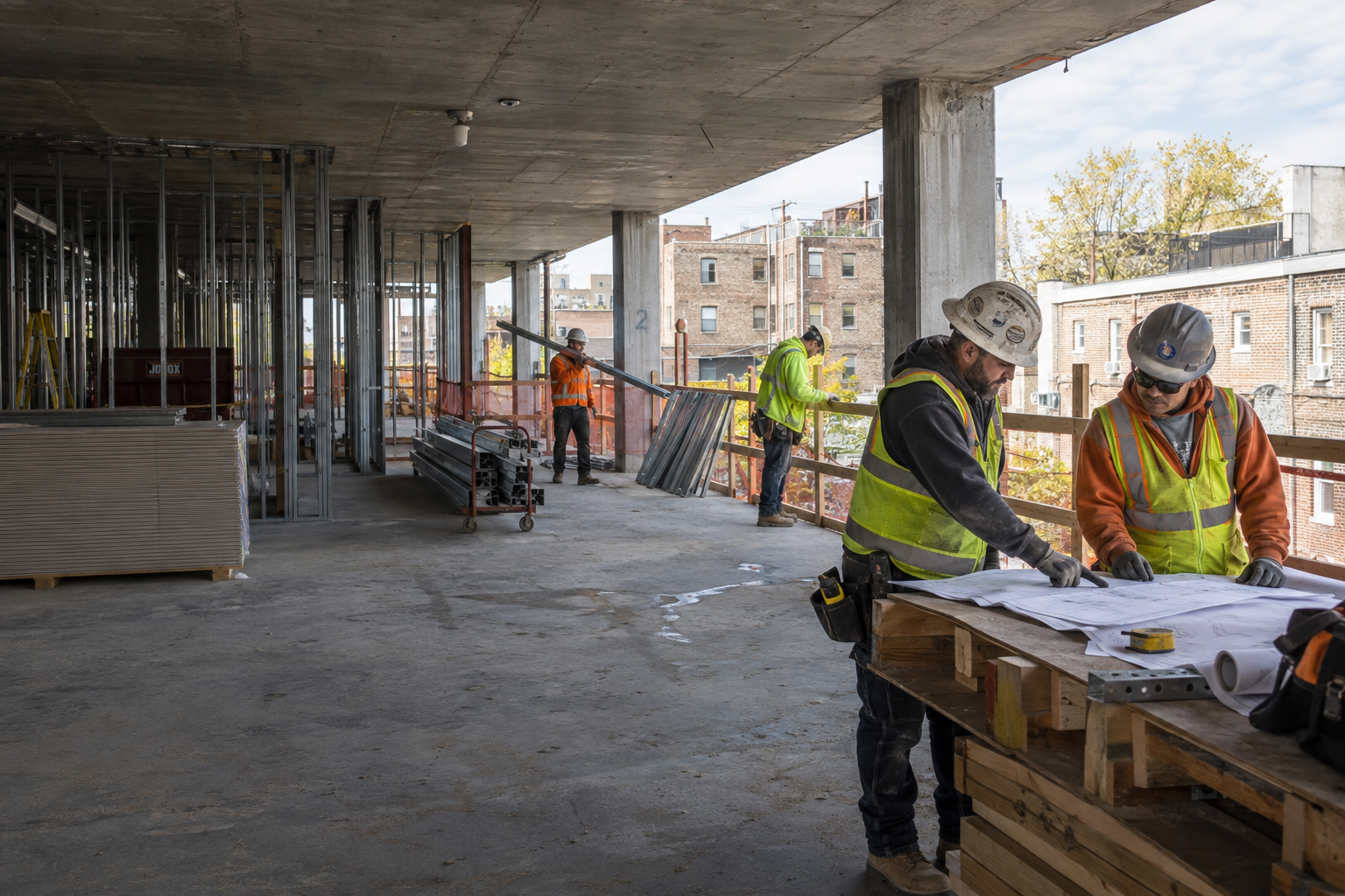 Illustrative NYC jobsite with construction workers reviewing plans
